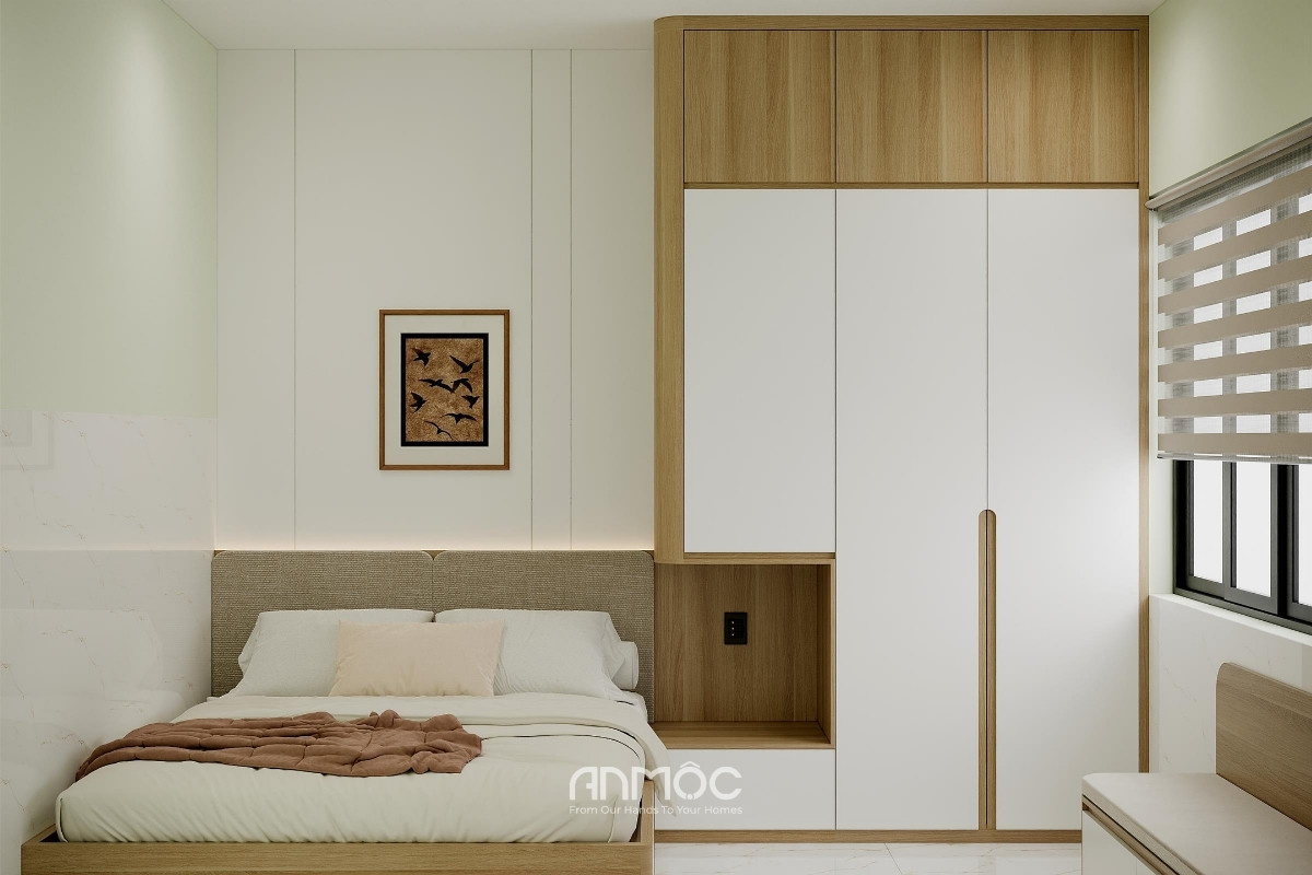 Phòng ngủ bố mẹ sử dụng hệ tủ áo kịch trần kết hợp vách đầu giường, tạo điểm nhấn ấm áp cho không gian