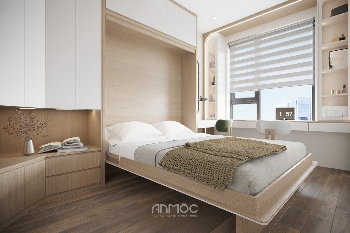 Phòng ngủ chung cư Bcons Polaris 49m2 hướng đến sự tiện nghi và khai thác hiệu quả ánh sáng tự nhiên, tạo nên sự thoáng sáng và dễ chịu cho không gian
