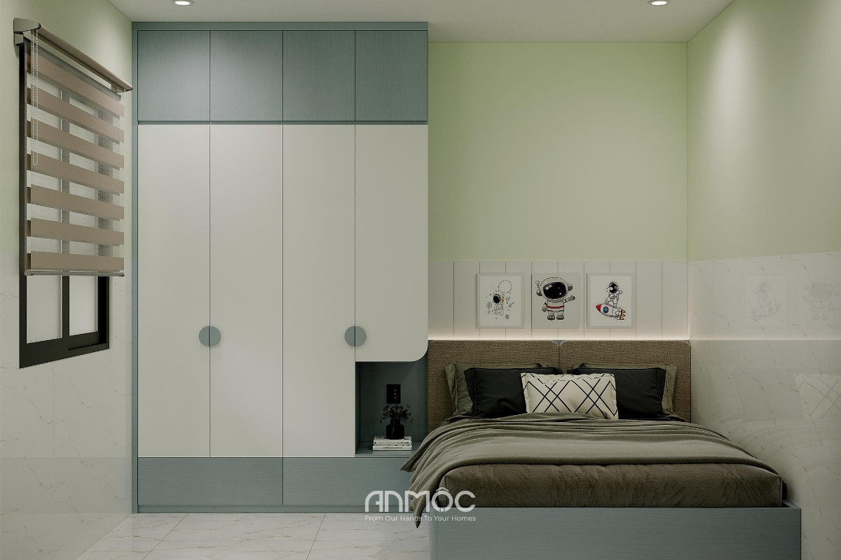 Phòng ngủ con trai được bố trí với giường ngủ kết hợp tủ áo kịch trần, đảm bảo gọn gàng và tối ưu diện tích