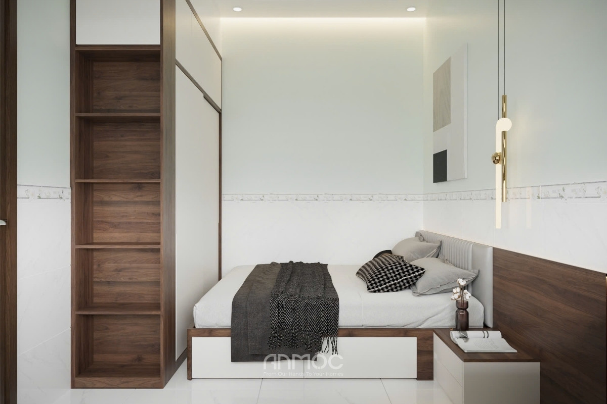 Phòng ngủ lớn được bố trí giường hộp đa năng cùng hệ tủ kịch trần tích hợp kệ trang trí, tối ưu công năng và tiện ích sử dụng