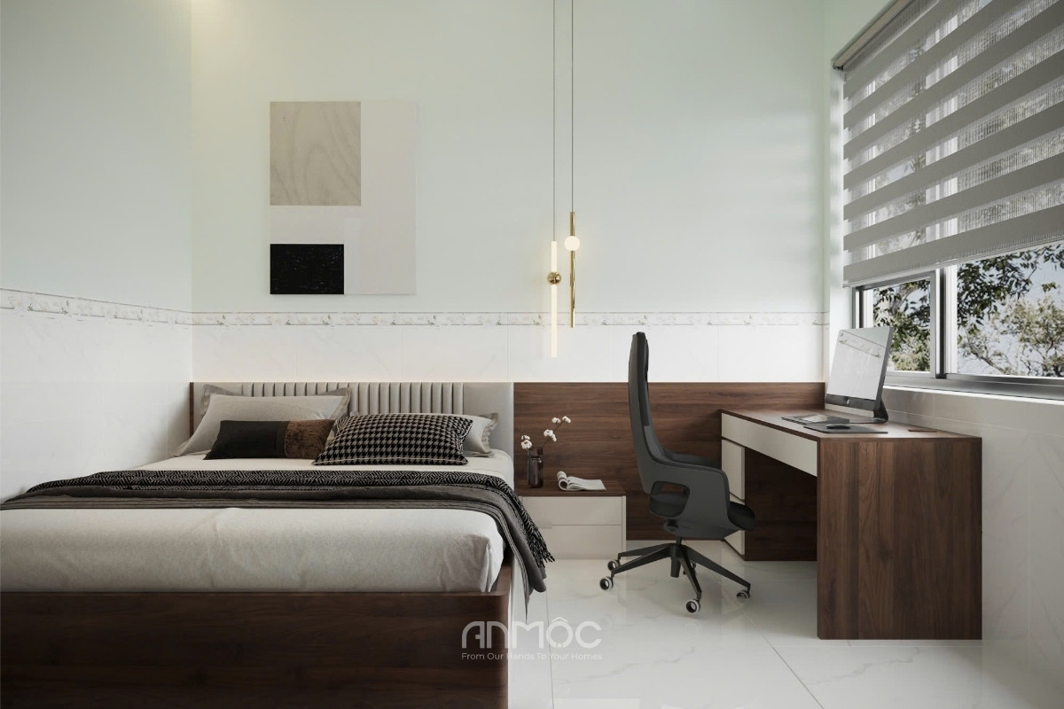 Phòng ngủ master 168m2 tạo cảm giác bình yên với bố cục gọn gàng và ánh sáng dịu nhẹ