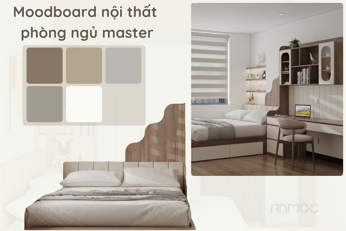 Phòng ngủ master với bảng màu tinh tế, ấm áp cho không gian nghỉ ngơi thư giãn và dễ chịu