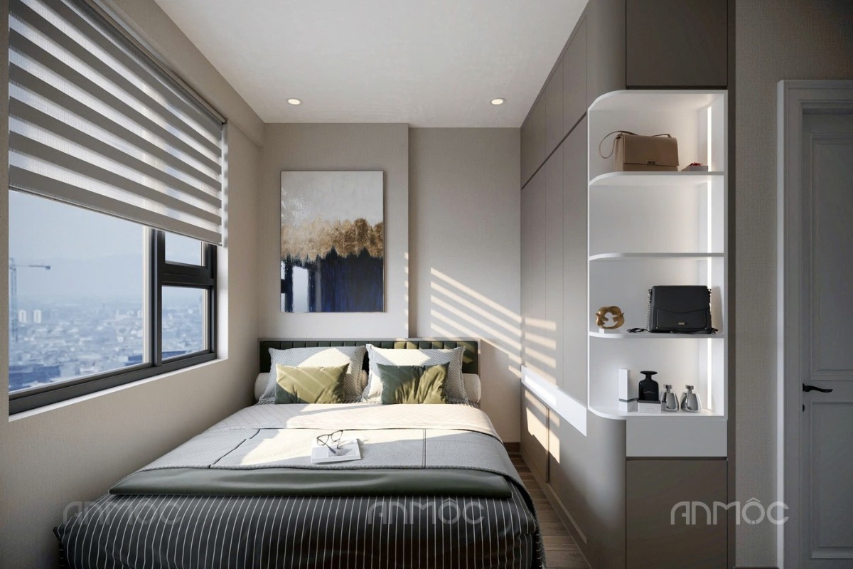 Phòng ngủ master với giường ngủ đặt cạnh cửa sổ sử dụng rèm cầu vòng