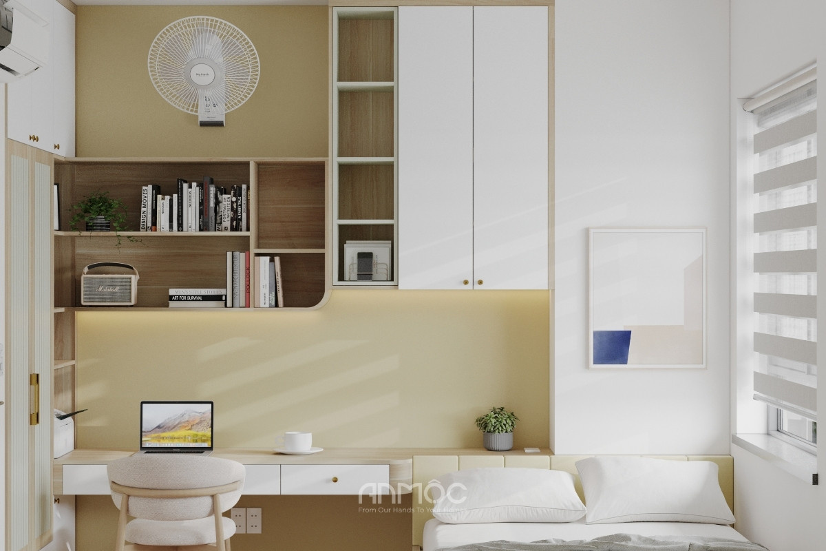 Phòng ngủ nhỏ chung cư Topaz Home được thiết kế với nội thất đa năng, tích hợp nhiều chức năng giúp lưu trữ vật dụng gọn gàng, ngăn nắp_An Mộc
