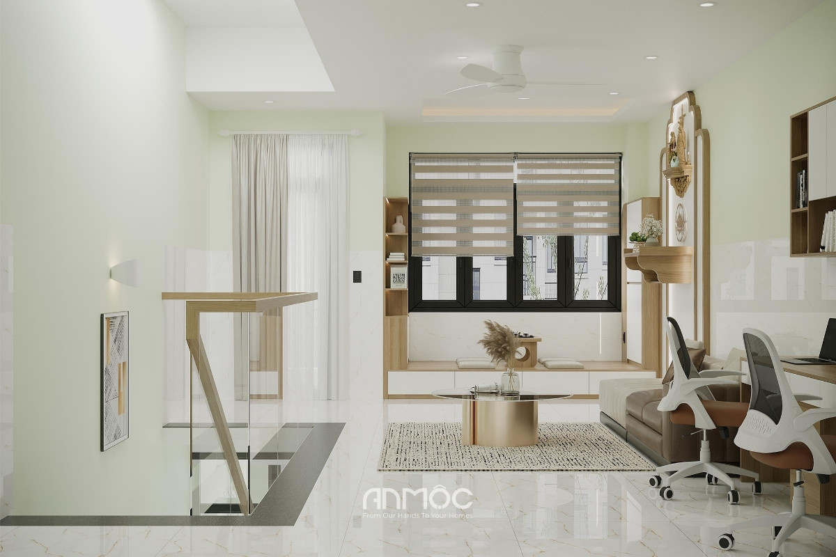 Phòng sinh hoạt chung với nội thất nhỏ gọn, không gian thông thoáng