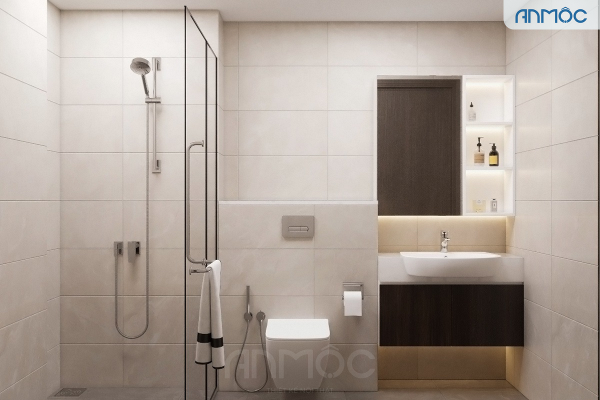 Phòng tắm hiện đại và rộng rãi với lavabo âm bàn, gương lớn và vách kính cường lực phân chia khu vực tắm