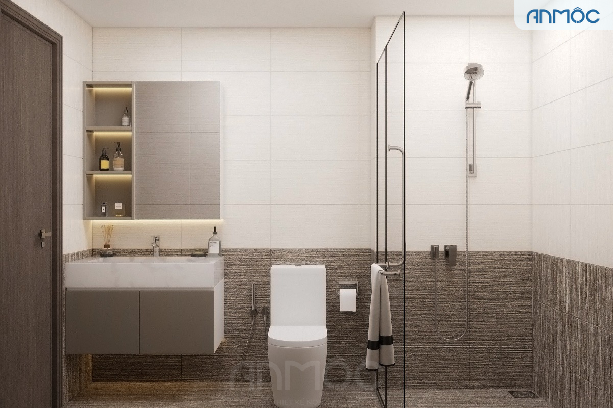 Phòng vệ sinh chung tinh gọn với các khu vực được phân định rõ ràng. Phòng tắm được phân khu bằng vách kính hiện đại và tiện lợi