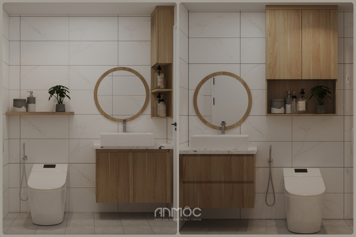 Phòng vệ sinh sử dụng gam màu sáng kết hợp nội thất gỗ tự nhiên, bố trí gọn gàng mang lại cảm giác thư giãn, thoải mái_An Mộc