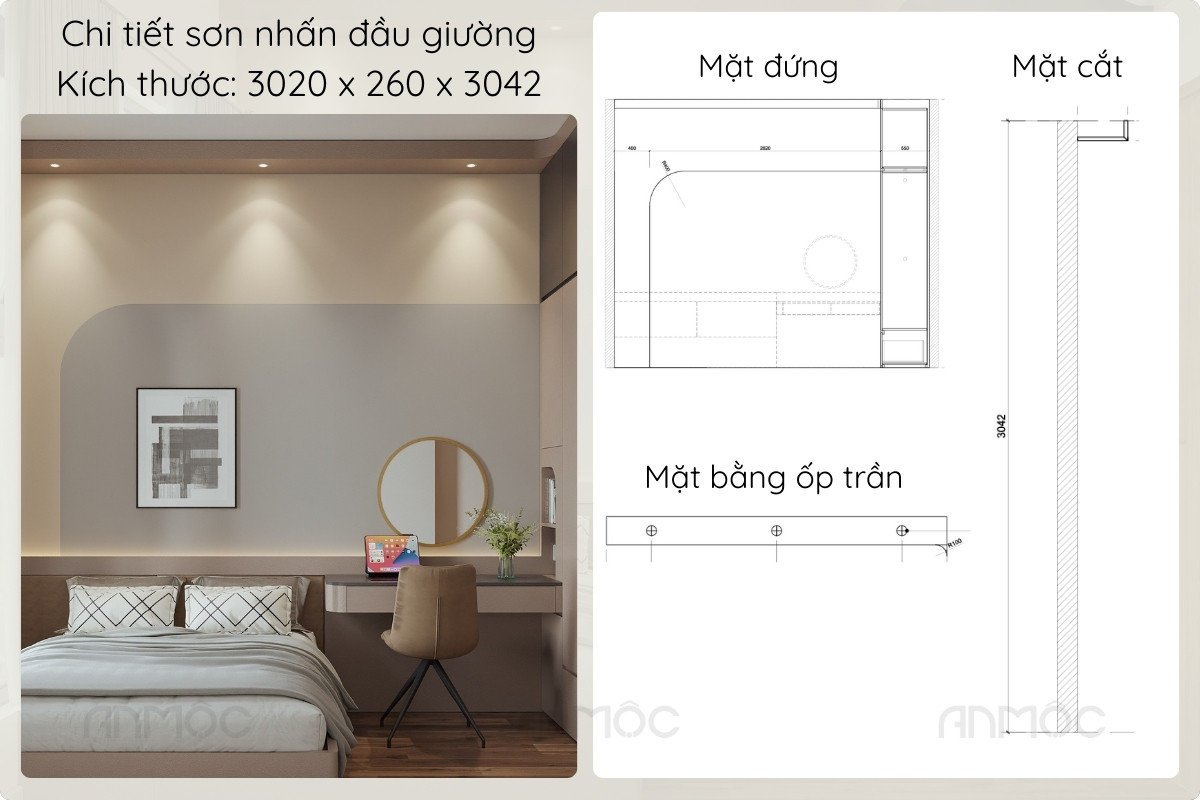 Sơn nhấn đầu giường được thiết kế tỉ mỉ, hiện đại