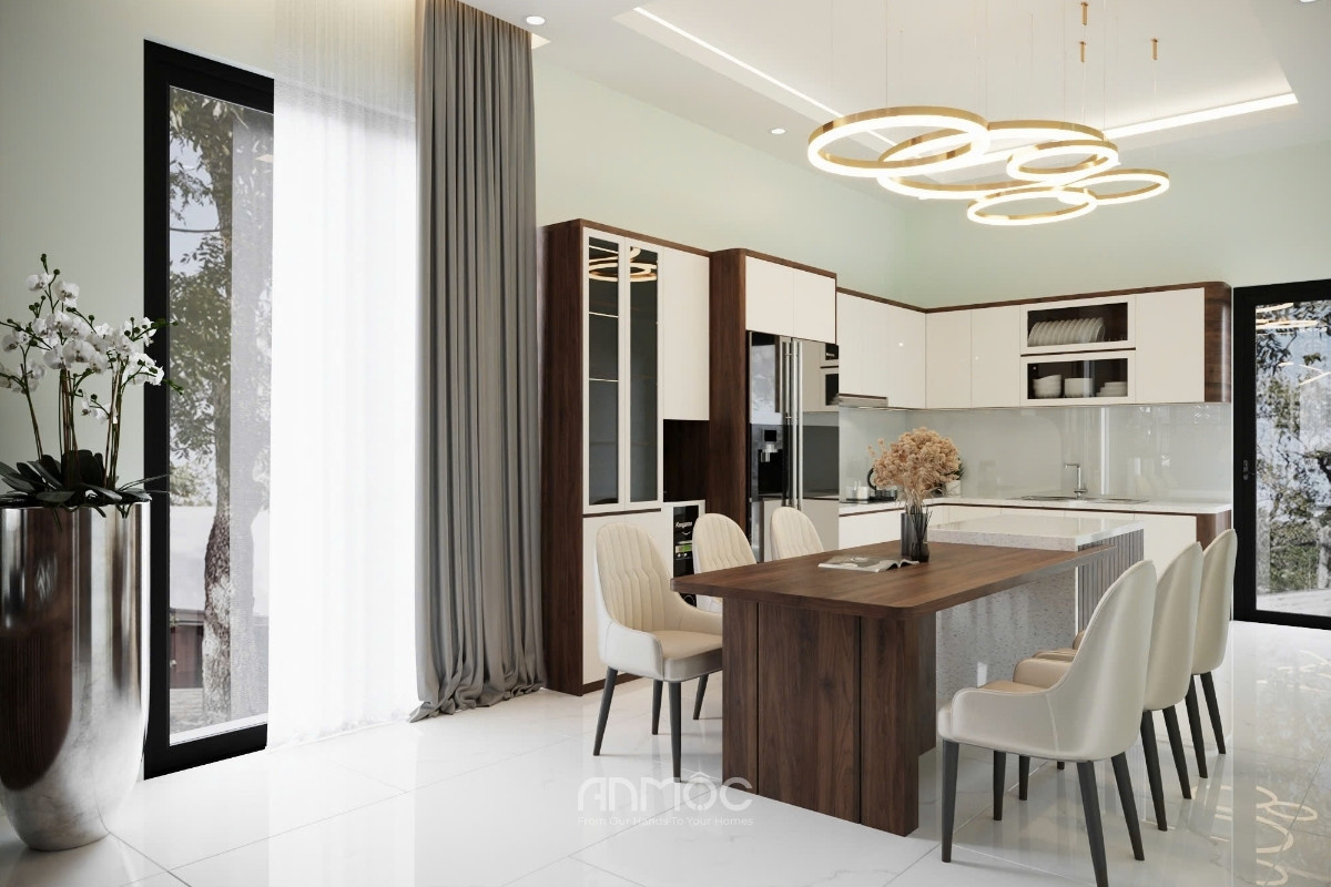 Sự kết hợp giữa ánh sáng, vật liệu và bố cục tạo nên một gian bếp vừa thẩm mỹ vừa đáp ứng đầy đủ công năng