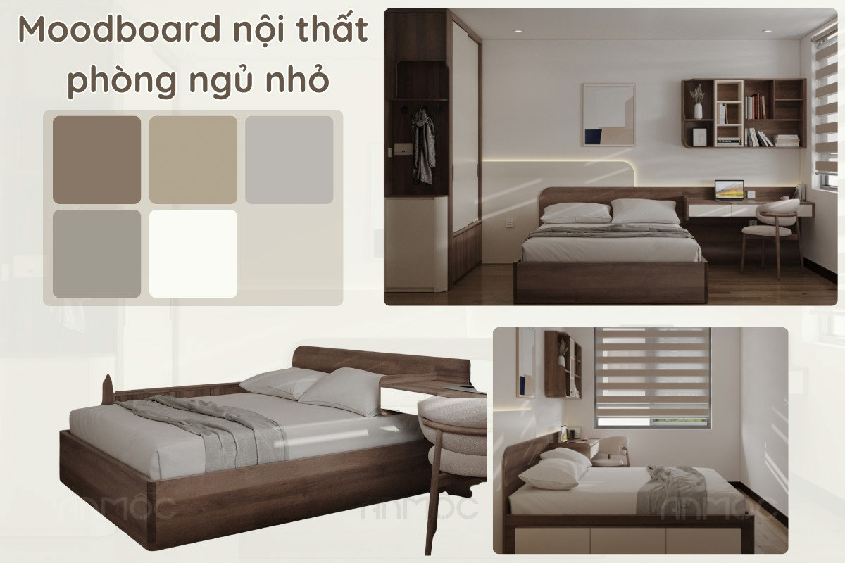 Thiết kế giường ngủ nhỏ căn hộ Skyview hiện đại, ấm cúng với tone be và nâu gỗ chủ đạo