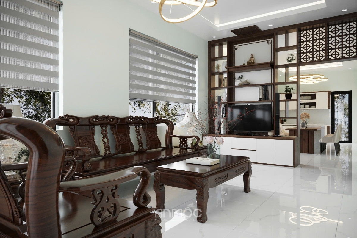 Thiết kế khách – bếp liên thông giúp nhà phố trở nên thoáng đãng, tạo sự kết nối giữa các khu vực nhưng vẫn đảm bảo tính riêng tư và tiện nghi