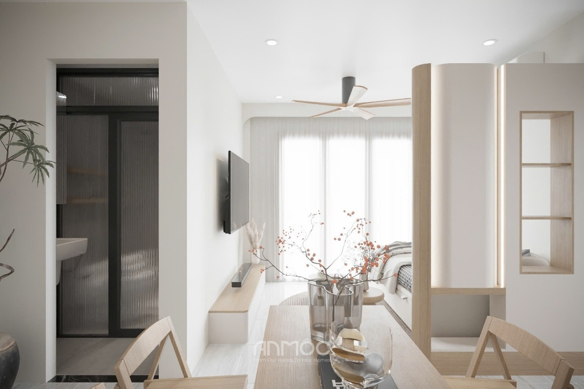 Thiết kế không gian mở căn hộ Bcons Polaris 49m2 kết nối hài hòa giữa phòng khách và khu vực chức năng