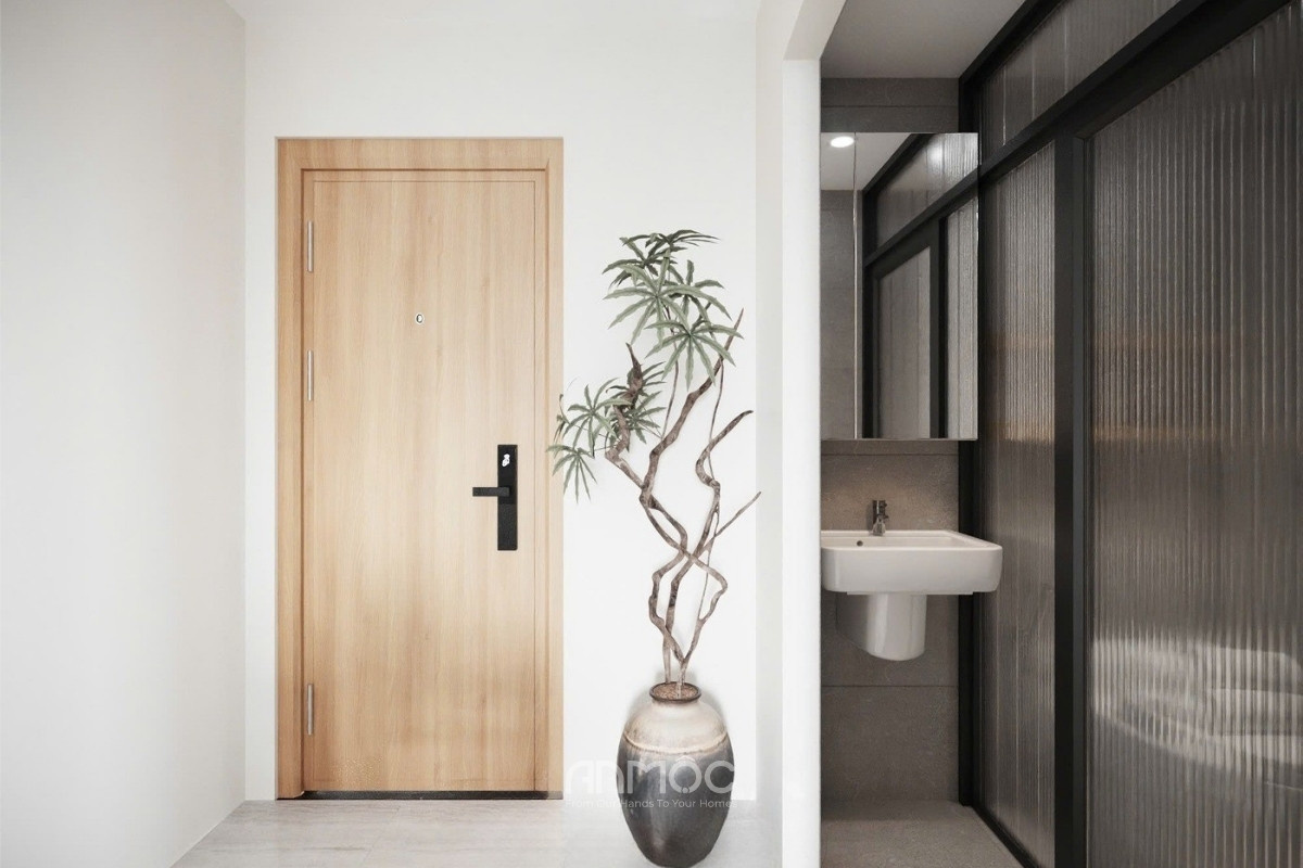 Thiết kế lối vào căn hộ liền kề khu vực vệ sinh, đảm bảo sự riêng tư và tiện lợi trong sinh hoạt