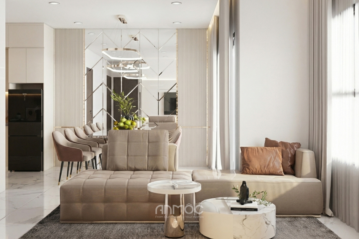 Toàn cảnh phòng khách nhìn ra khu vực ăn uống, với bàn sofa tròn bằng đá cẩm thạch, thảm trải sàn màu xám đậm