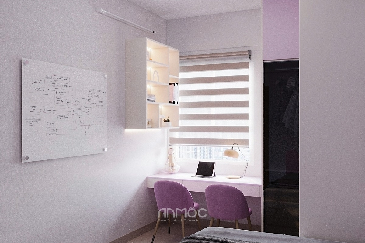 Kệ được thiết kế chia thành các ô so le độc đáo, tích hợp hệ thống đèn LED âm tường tinh tế, vừa là nơi lưu trữ sách vở, vừa là điểm nhấn thẩm mỹ lung linh cho góc học tập của bé