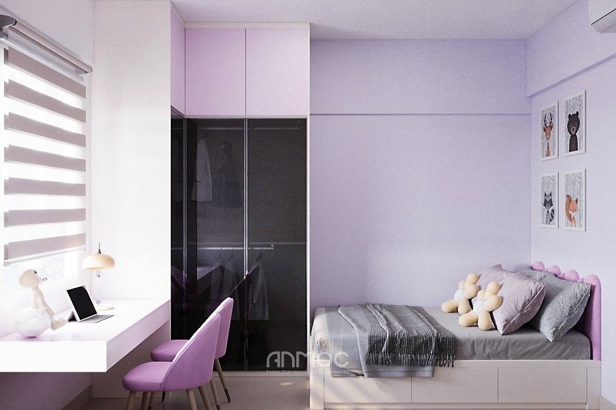 Thiết kế giường có hộc kéo giúp tối ưu không gian lưu trữ, kết hợp đầu giường bọc nệm màu tím xinh xắn, vừa thẩm mỹ vừa chắc chắn.