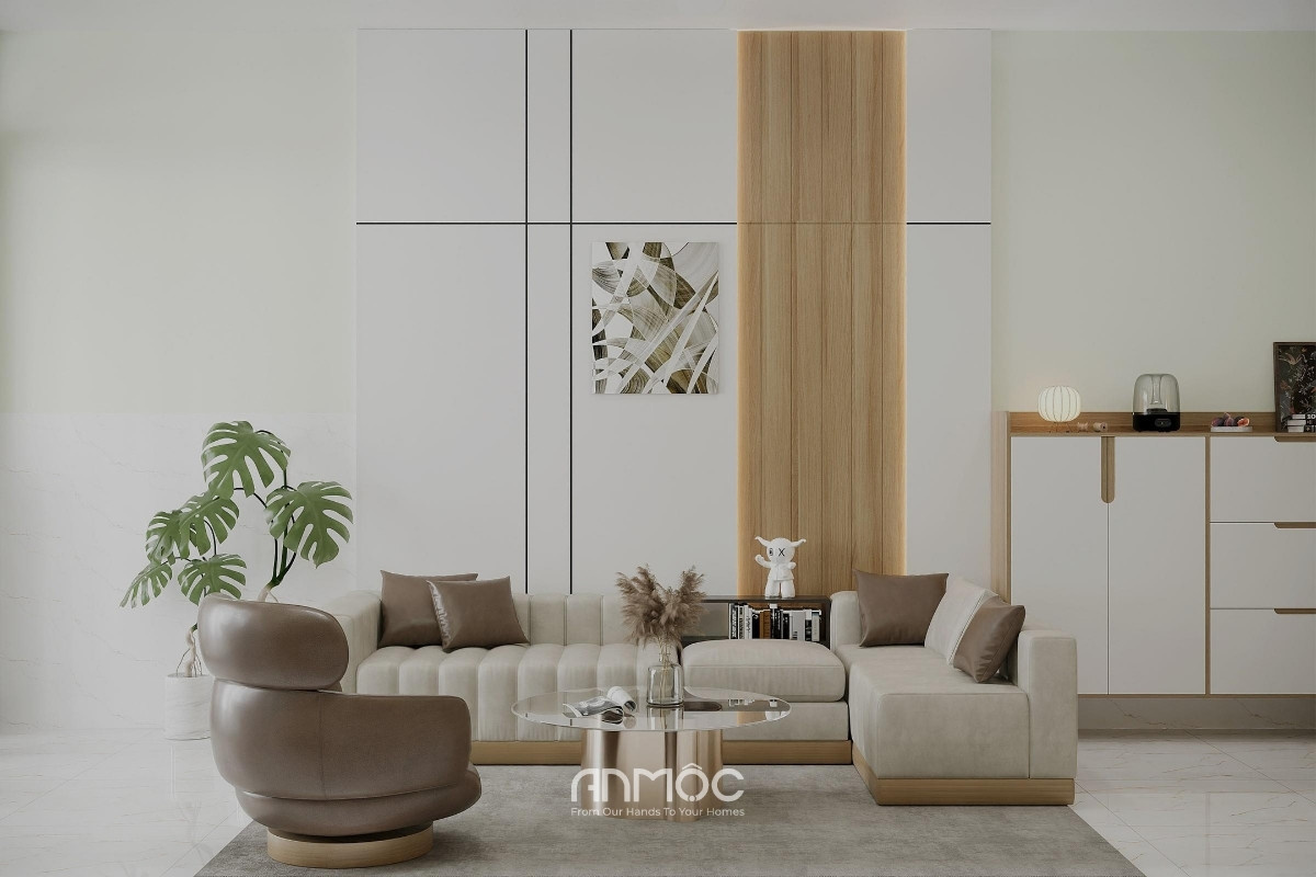 Thiết kế phòng khách nhà phố Hóc Môn 80m2 được bố trí gọn gàng với sofa sáng màu kết hợp điểm nhấn gỗ tinh tế