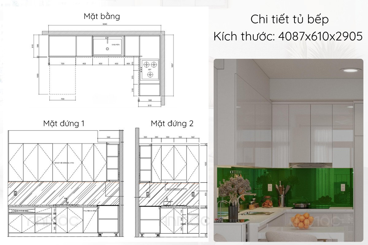 Thiết kế tủ bếp sử dụng vật liệu cao cấp kết hợp tay nắm âm tinh tế