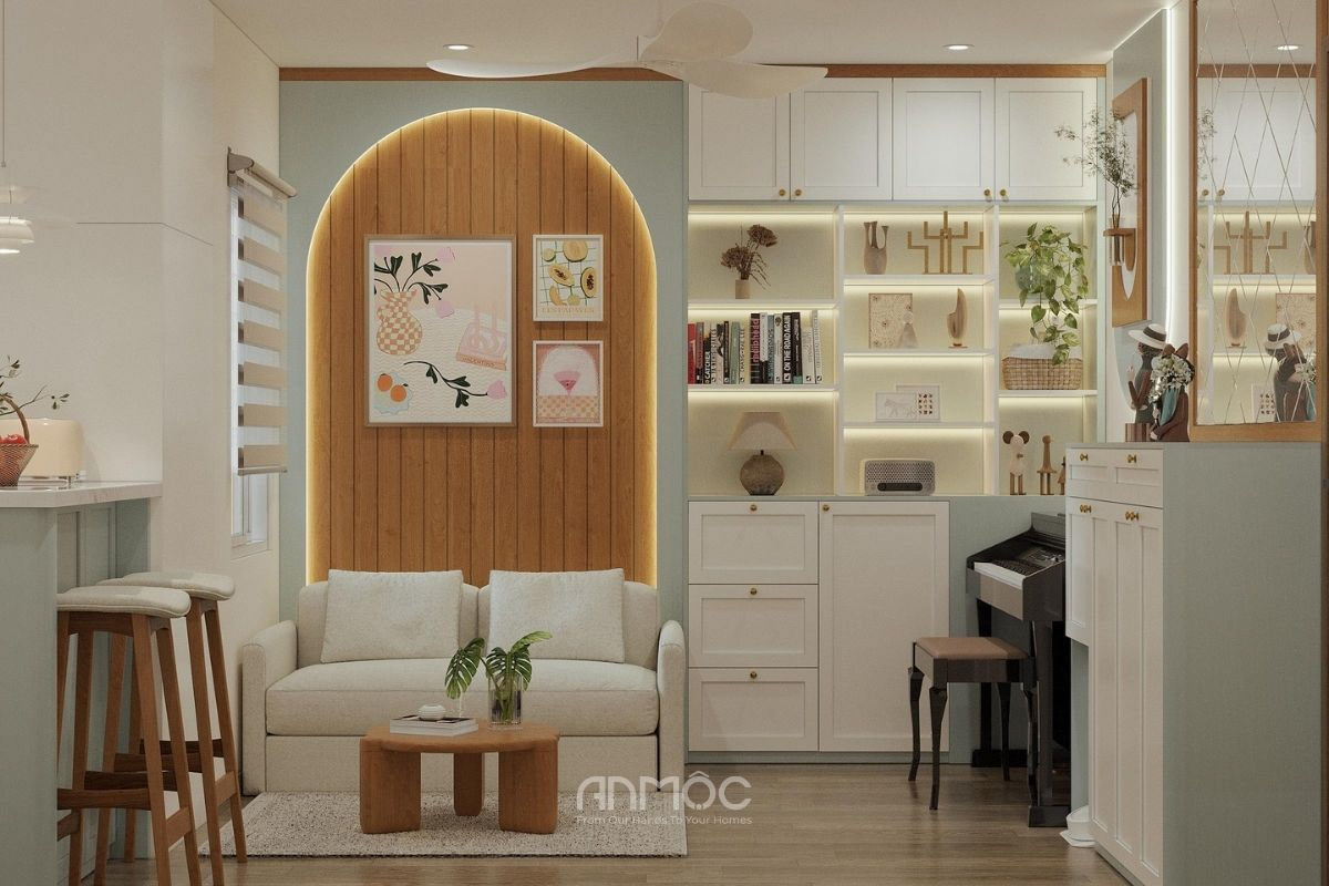 Toản cảnh không gian phòng khách tại căn hô của chị Pin