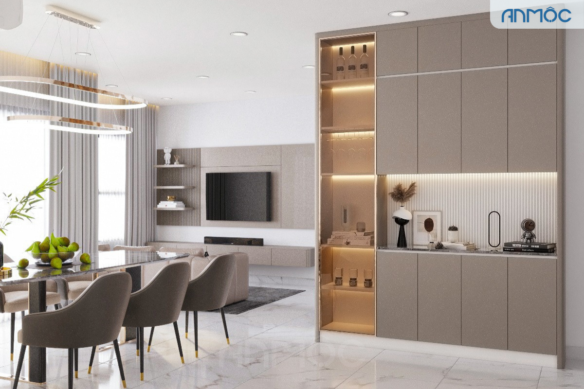Toàn cảnh khu vực phòng khách và ăn uống, với kệ tủ trang trí tích hợp đèn và kệ TV tối giản