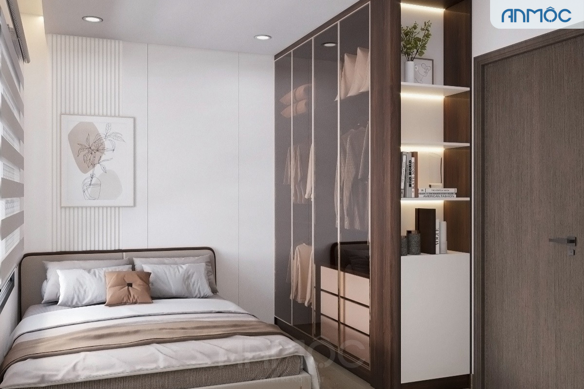 Toàn cảnh phòng ngủ 2, nổi bật tủ quần áo cánh kính tích hợp kệ trang trí có đèn, tối ưu không gian