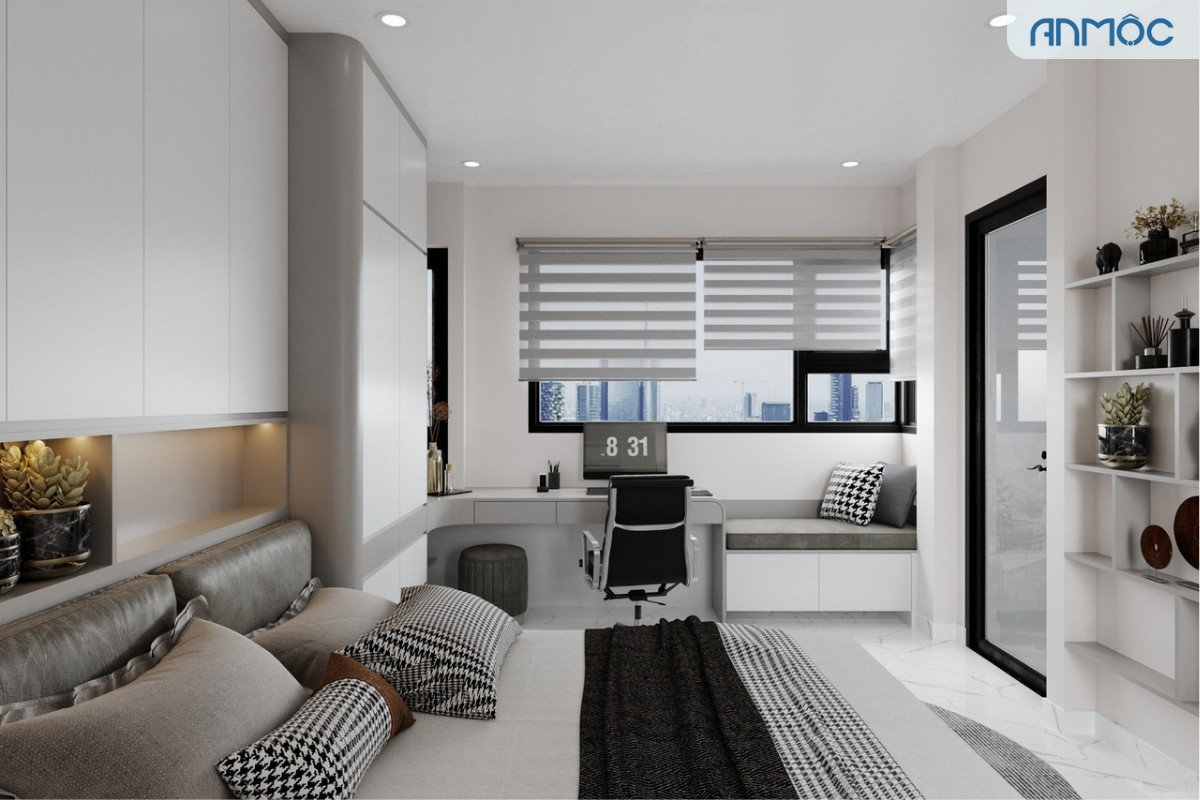 Toàn cảnh phòng ngủ nhìn từ giường, bàn học liền kề tủ quần áo lớn, tối ưu hóa không gian lưu trữ và học tập tiện nghi