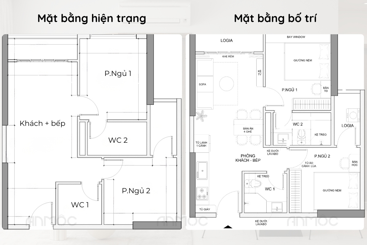 Bản vẽ mặt bằng hiện trạng và mặt bằng bố trí nội thất cho căn hộ 2 phòng ngủ - đã được sắp xếp đầy đủ nội thất cho các không gian sống một cách khoa học