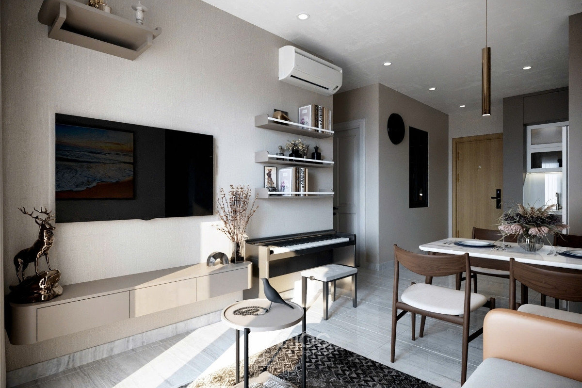 Tổng quan nội thất khu vực phòng khách với kệ TV treo tường_An Mộc