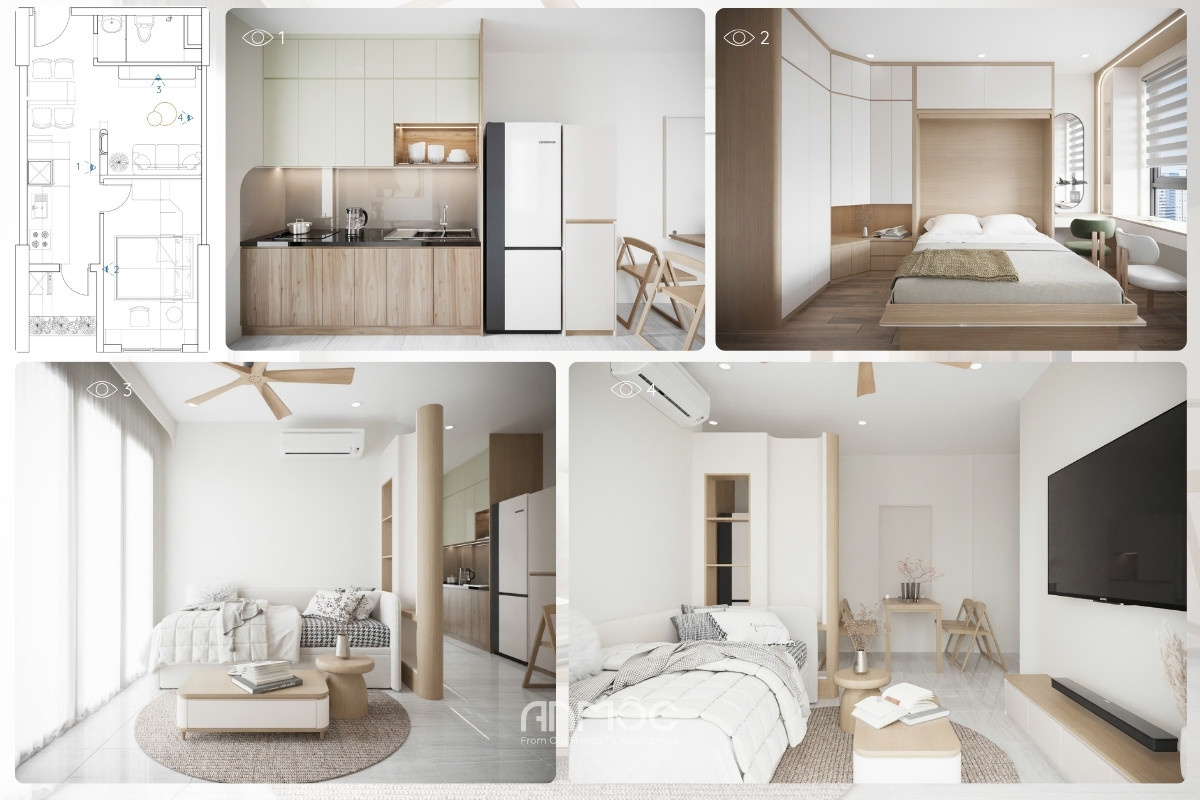 Tổng quan phối cảnh thiết kế nội thất chung cư Bcons Polaris anh Nhân 49m2 với định hướng hiện đại, tiện nghi và tối ưu trải nghiệm sinh hoạt