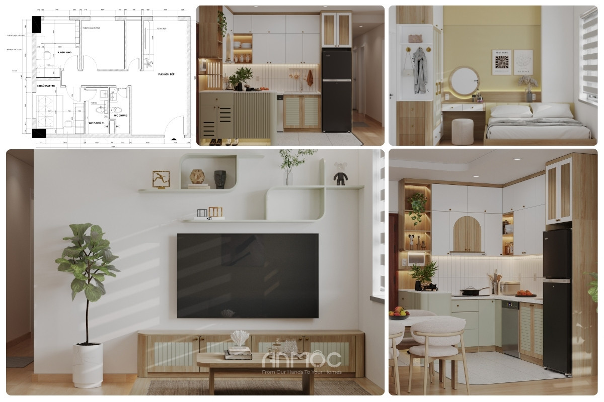 Tổng thể mặt bằng và phối cảnh 3D nội thất chung cư Topaz Home 67m2 với bố cục khoa học, tinh gọn_An Mộc