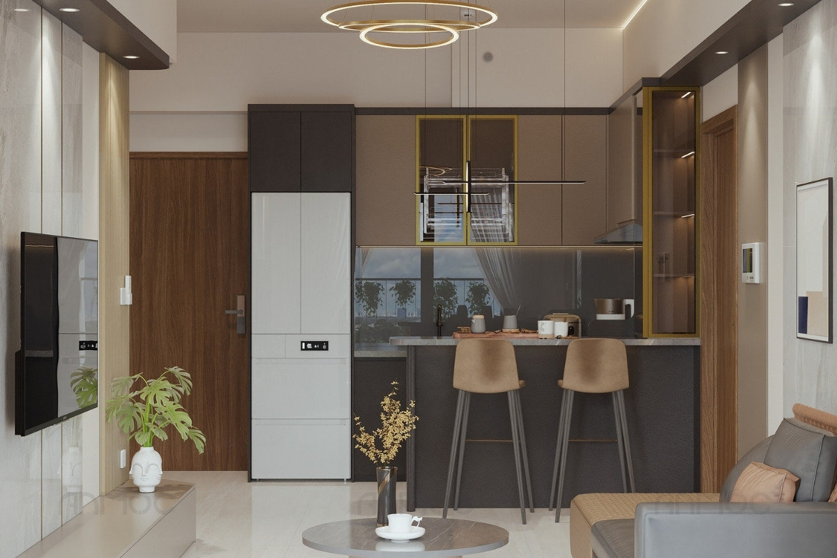 Tổng thể phòng bếp trong căn hộ chung cư Swanbay 52m2