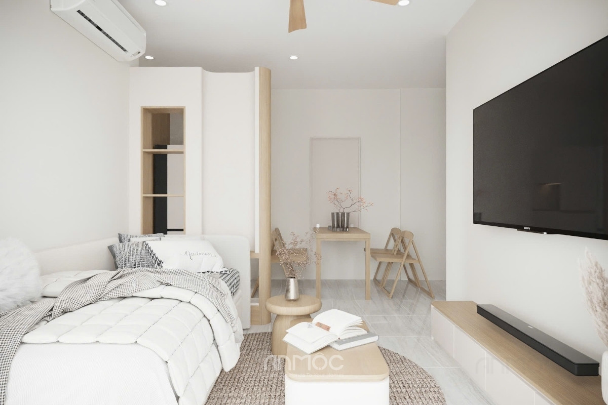 Tổng thể phòng khách căn hộ Bcons Polaris 49m2 với phong cách hiện đại, tinh tế và hài hòa