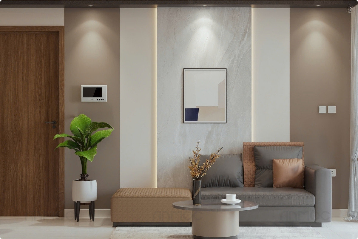 Tổng thể phòng khách trong căn hộ chung cư Swainbay 52m2_An Mộc