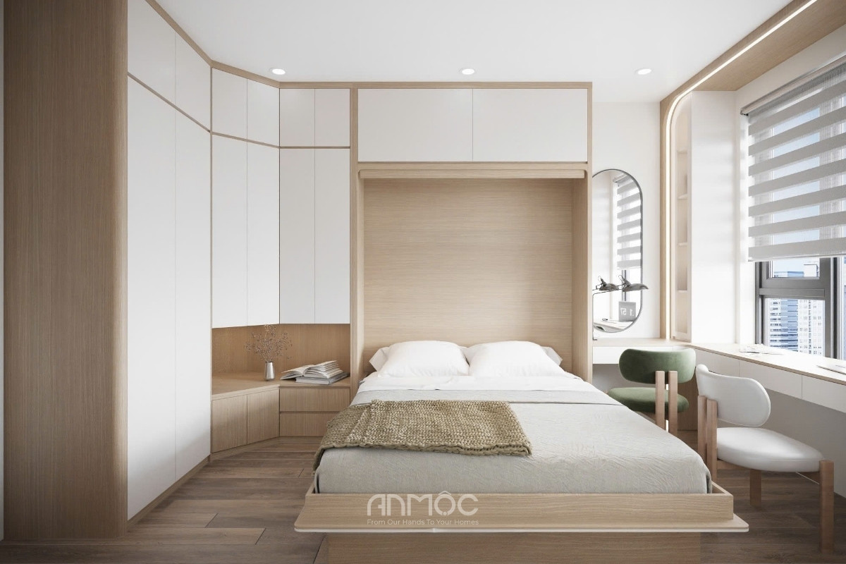 Tổng thể phòng ngủ căn hộ Bcons Polaris 49m2 được bố trí thông minh, kết hợp gam màu gỗ mang lại cảm giác ấm cúng và thư giãn