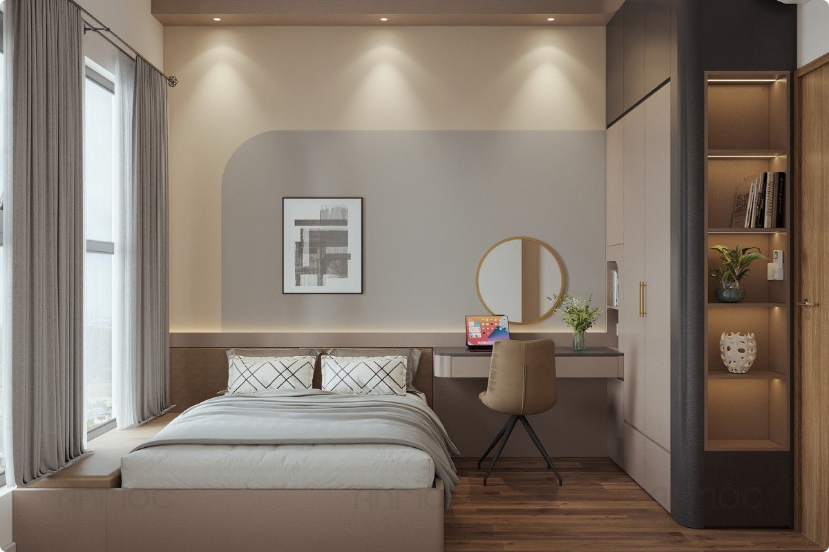 Tổng thể phòng ngủ nhỏ trong căn hộ chung cư Swanbay 52m2