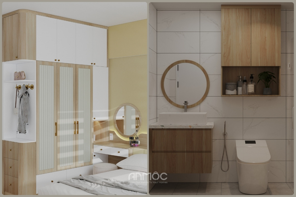 Tủ áo thiết kế kịch trần tối ưu không gian lưu trữ và phòng vệ sinh phòng ngủ master được thiết kế hiện đại, tiện nghi_An Mộc