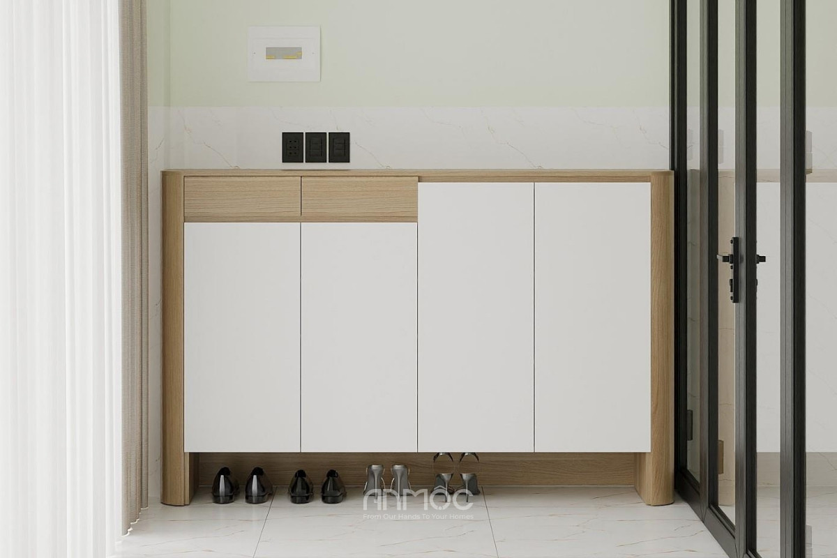 Tủ giày ngay cạnh khu vực cửa ra vào thiết kế hiện đại, kết hợp lưu trữ tiện lợi và giữ lối đi gọn gàng
