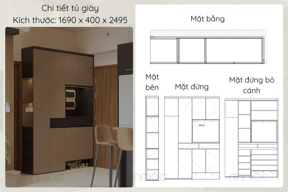 Tủ giày thiết kế với màu nâu ấm, hiện đại
