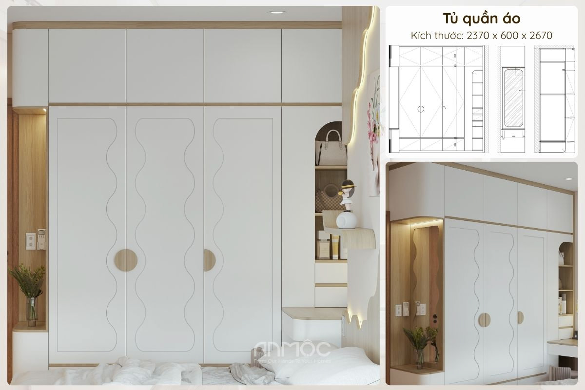 Tủ quần áo được thiết kế gọn gàng kết hợp với kệ trang trí hiện đại