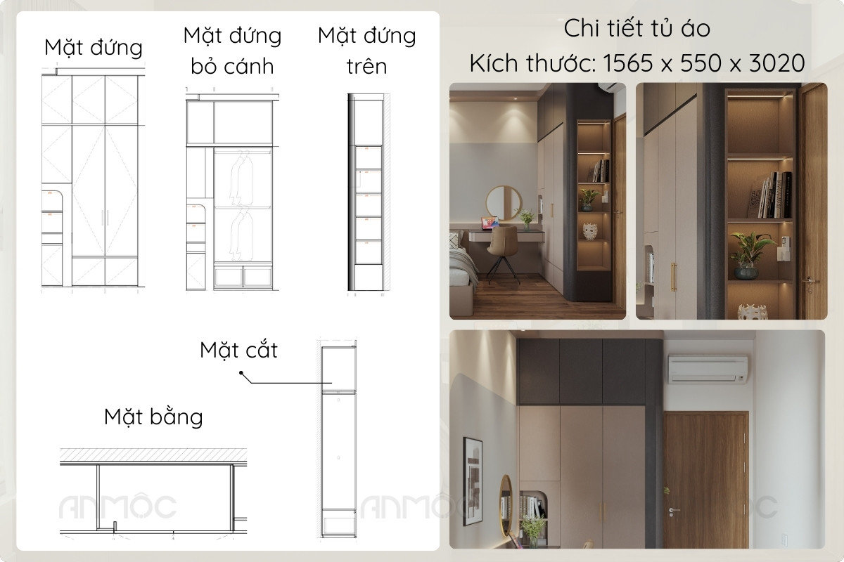 Tủ quần áo được thiết kế gọn gàng với kích thước 1565 x 550 x 3020