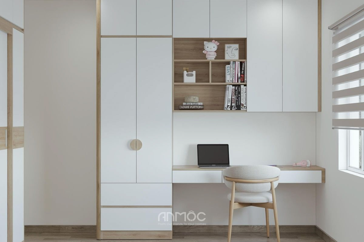 Tủ quần áo được thiết kế tích hợp với bàn làm việc giúp tiết kiệm diện tích