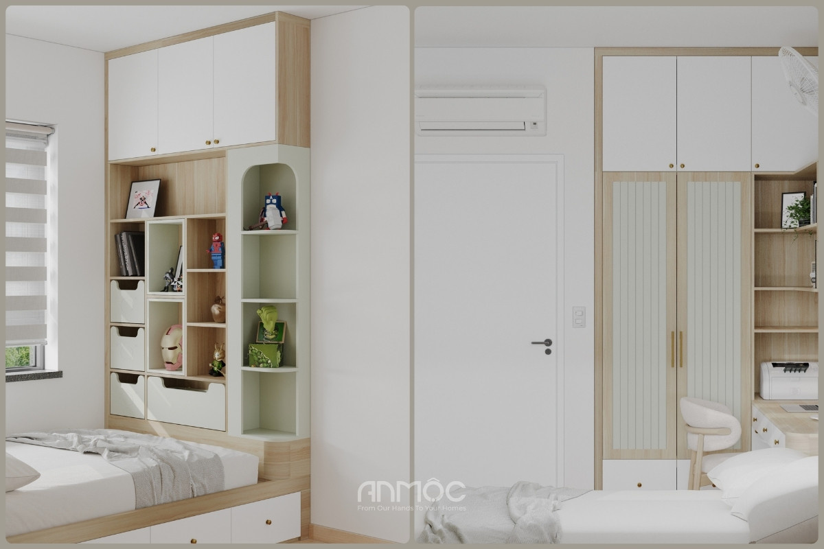Tủ trang trí, lưu trữ đa năng và tủ quần áo thiết kế kịch trần, mang lại sự ngăn nắp, tiện nghi, tối ưu không gian cho phòng ngủ nhỏ_An Mộc