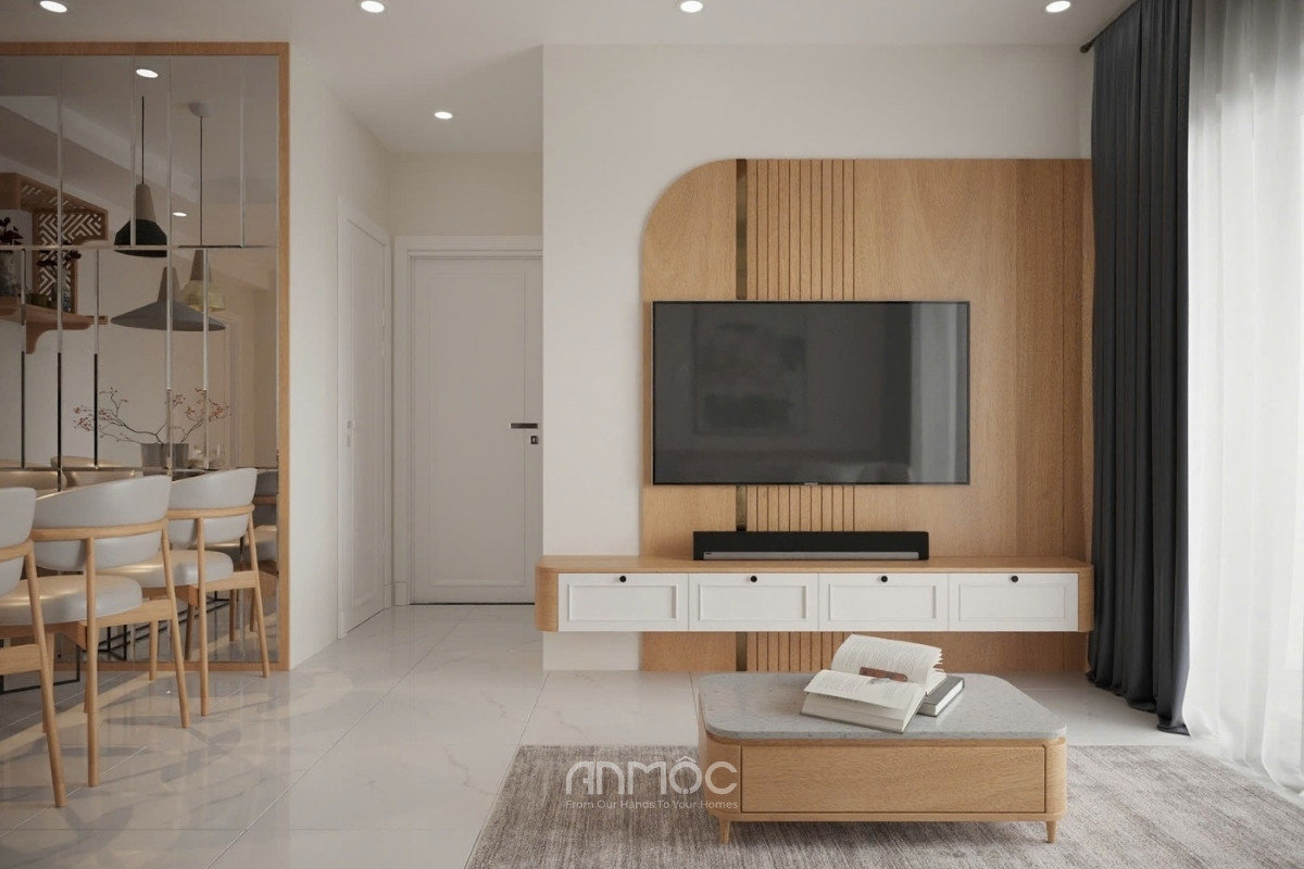 Vách gỗ tivi thiết kế bo tròn, tạo điểm nhấn cho phòng khách căn hộ Saigon Mia