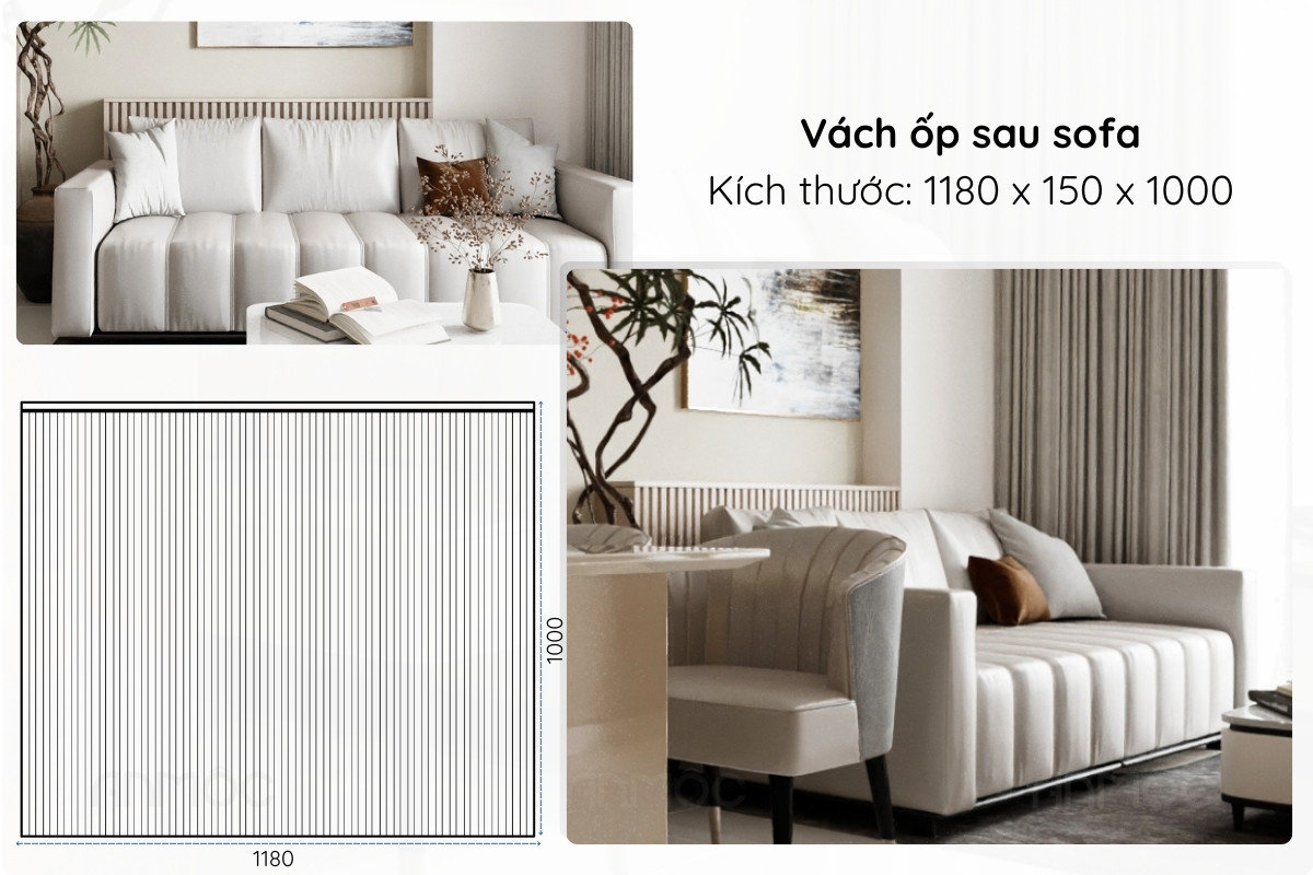 Vách ốp nan gỗ tinh tế, đặt sau sofa tạo điểm nhấn sang trọng cho phòng khách