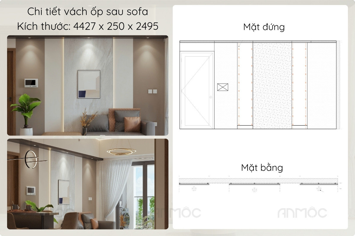 Vách ốp sau sofa mang lại thẩm mỹ và hài hòa cho không gian phòng khách