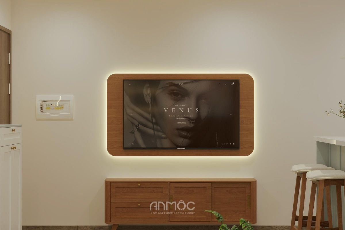 Vach ốp sau tivi gỗ bo cong giúp tăng độ thẩm mỹ cho phòng khách