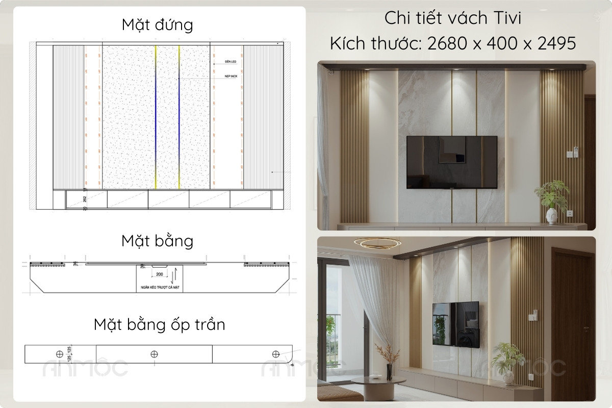 Vách tivi hiện đại kích thước 2680 x 400 x 2495 trong căn hộ chung cư Swanbay