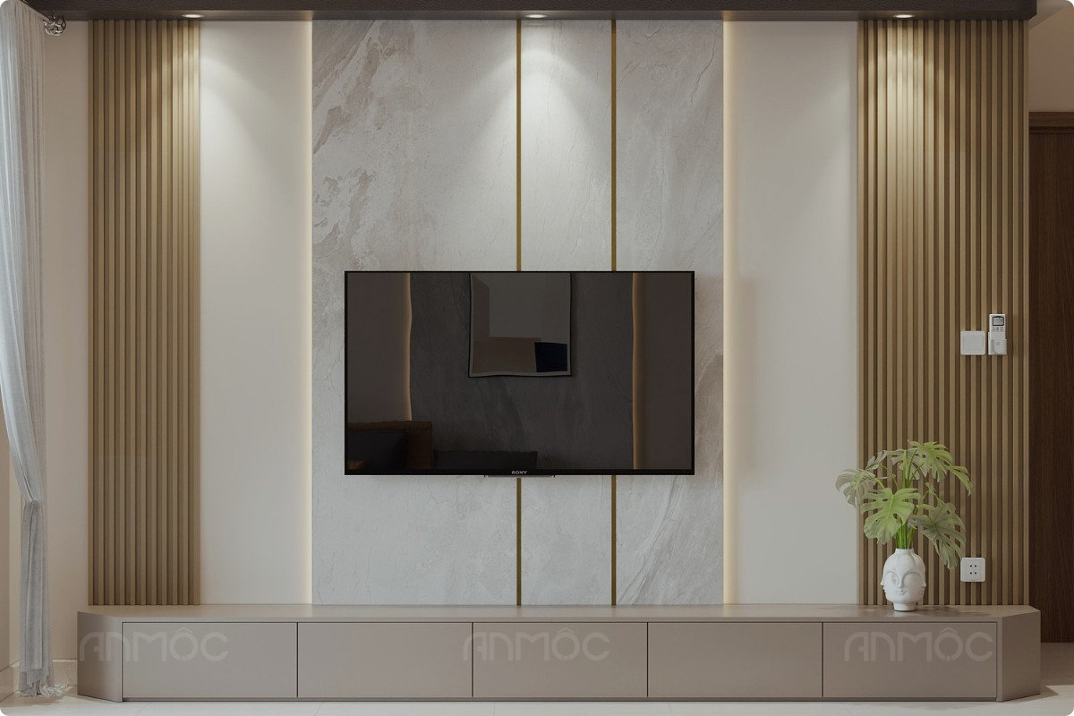 Phòng khách hiện đại với hệ vách tivi giả đá, lam gỗ