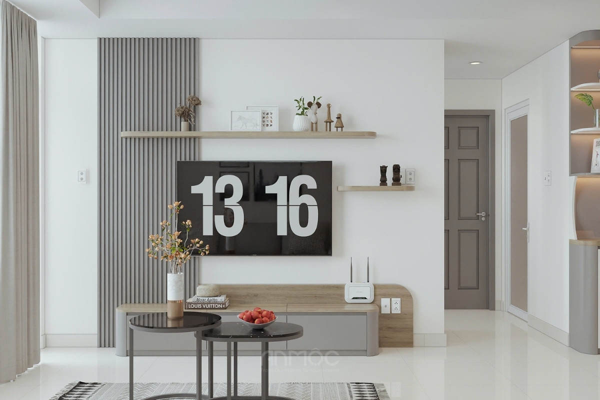 Phòng khách tối giản hiện đại với kệ TV gỗ, tường ốp nan xám kết hợp tông màu trắng